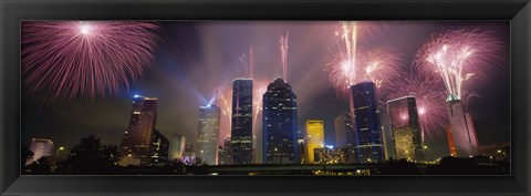 Framed Fireworks Over Buildings In Houston, Texas Print