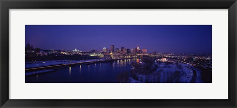 Framed Reflection of buildings in a river at night, Mississippi River, Minneapolis and St Paul, Minnesota, USA Print