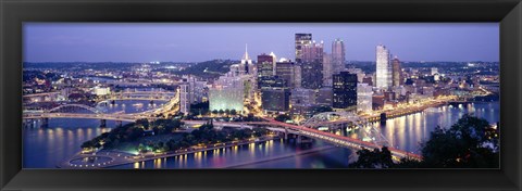 Framed Buildings in a city lit up at dusk, Pittsburgh, Allegheny County, Pennsylvania, USA Print