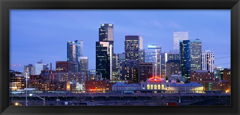 Framed Buildings lit up at dusk, Denver, Colorado Print