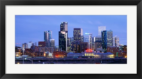 Framed Buildings lit up at dusk, Denver, Colorado Print