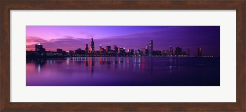 Framed Buildings at the waterfront lit up at dusk, Sears Tower, Hancock Building, Lake Michigan, Chicago, Cook County, Illinois, USA Print