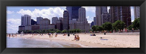 Framed Group of people on the beach, Oak Street Beach, Chicago, Illinois, USA Print