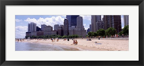 Framed Group of people on the beach, Oak Street Beach, Chicago, Illinois, USA Print