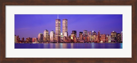 Framed Buildings at the waterfront lit up at dusk, World Trade Center, Wall Street, Manhattan, New York City, New York State, USA Print