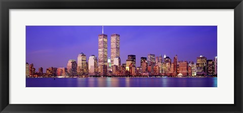 Framed Buildings at the waterfront lit up at dusk, World Trade Center, Wall Street, Manhattan, New York City, New York State, USA Print