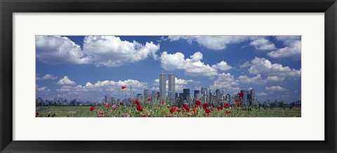 Framed Red Flowers in a park with buildings in the background, Manhattan Print