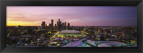 Framed Skyscrapers lit up at sunset, Minneapolis, Minnesota, USA Print