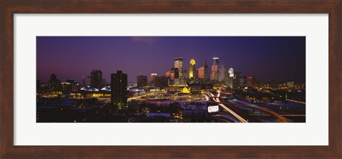 Framed Skyscrapers lit up at dusk, Minneapolis, Minnesota, USA Print