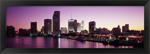 Framed Buildings lit up at dusk, Biscayne Bay, Miami, Miami-Dade county, Florida, USA Print