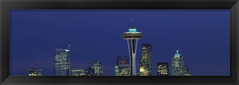 Framed Buildings in a city lit up at night, Space Needle, Seattle, King County, Washington State, USA Print