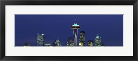 Framed Buildings in a city lit up at night, Space Needle, Seattle, King County, Washington State, USA Print