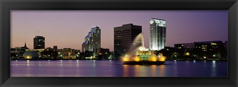 Framed Fountain in a lake lit up at night, Lake Eola, Summerlin Park, Orlando, Florida Print