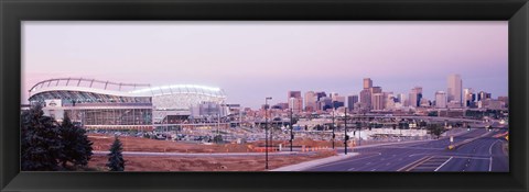 Framed USA, Colorado, Denver, Invesco Stadium, Skyline at dusk Print