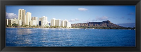 Framed Buildings at the waterfront with a volcanic mountain in the background, Honolulu, Oahu, Hawaii, USA Print