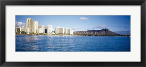 Framed Buildings at the waterfront with a volcanic mountain in the background, Honolulu, Oahu, Hawaii, USA Print