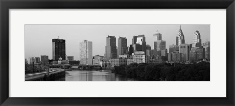 Framed River passing through a city in black and white, Philadelphia, Pennsylvania Print