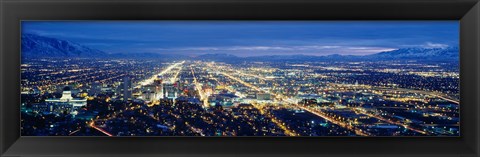 Framed Aerial view of a city lit up at dusk, Salt Lake City, Utah, USA Print