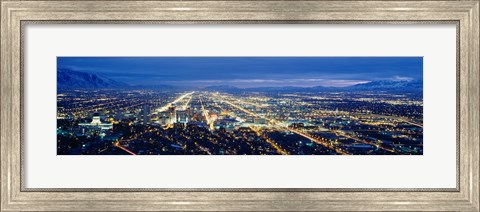 Framed Aerial view of a city lit up at dusk, Salt Lake City, Utah, USA Print