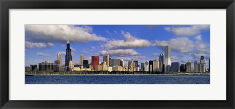 Framed USA, Illinois, Chicago, Panoramic view of an urban skyline by the shore Print