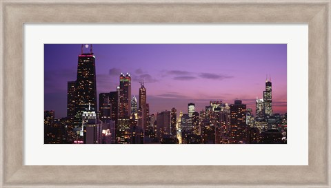 Framed Chicago Buildings lit up at dusk Print