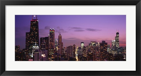 Framed Chicago Buildings lit up at dusk Print