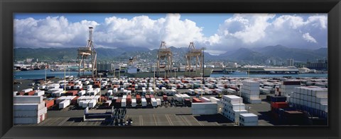 Framed Containers And Cranes At A Harbor, Honolulu Harbor, Hawaii, USA Print