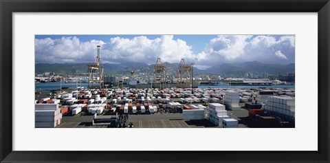 Framed Containers And Cranes At A Harbor, Honolulu Harbor, Hawaii, USA Print