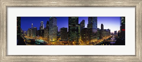 Framed River and Buildings Lit Up At Dusk, Chicago, Illinois Print