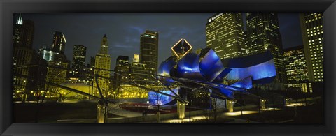 Framed Low angle view of buildings lit up at night, Pritzker Pavilion, Millennium Park, Chicago, Illinois, USA Print