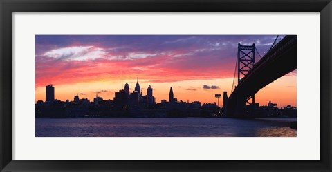 Framed Silhouette of a suspension bridge across a river, Ben Franklin Bridge, Delaware River, Philadelphia, Pennsylvania, USA Print