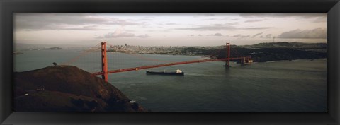 Framed Barge passing under a bridge, Golden Gate Bridge, San Francisco, California, USA Print