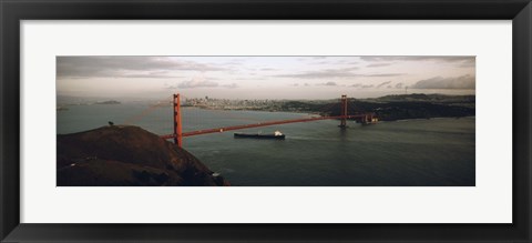 Framed Barge passing under a bridge, Golden Gate Bridge, San Francisco, California, USA Print