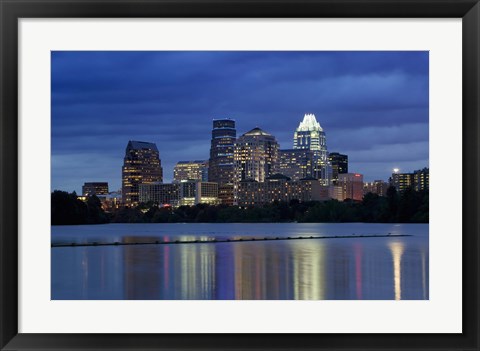 Framed Buildings at the waterfront lit up at dusk, Town Lake, Austin, Texas, USA Print