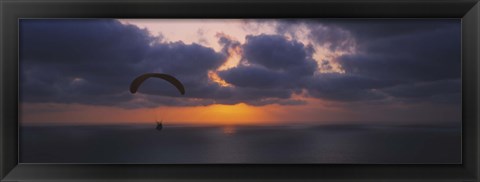 Framed Silhouette of a person paragliding over the sea, Blacks Beach, San Diego, California, USA Print