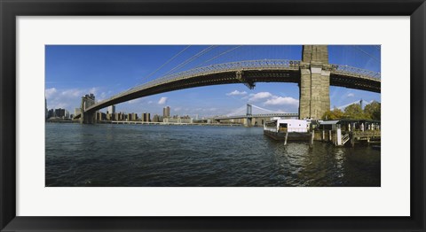 Framed Suspension bridge across a river, Brooklyn Bridge, East River, Manhattan, New York City, New York State, USA Print