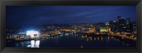 Framed High angle view of buildings lit up at night, Heinz Field, Pittsburgh, Allegheny county, Pennsylvania, USA Print