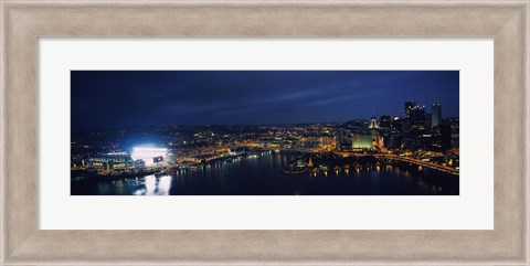 Framed High angle view of buildings lit up at night, Heinz Field, Pittsburgh, Allegheny county, Pennsylvania, USA Print