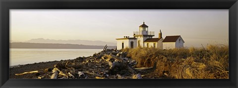 Framed Lighthouse on the beach, West Point Lighthouse, Seattle, King County, Washington State, USA Print