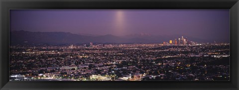 Framed Buildings in a city lit up at dusk, Hollywood, San Gabriel Mountains, City Of Los Angeles, Los Angeles County, California, USA Print