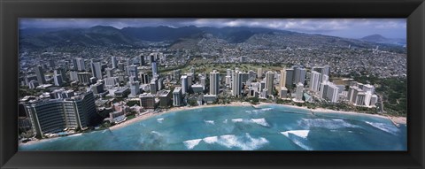 Framed Aerial view of a city, Waikiki Beach, Honolulu, Oahu, Hawaii, USA Print