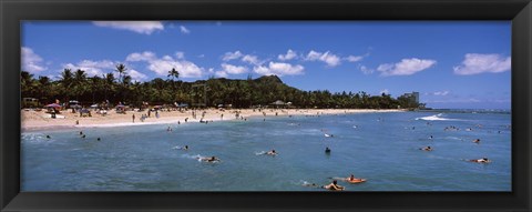 Framed Tourists on the beach, Waikiki Beach, Honolulu, Oahu, Hawaii, USA Print