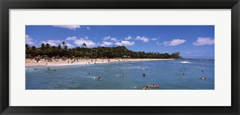 Framed Tourists on the beach, Waikiki Beach, Honolulu, Oahu, Hawaii, USA Print