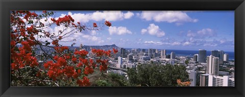 Framed Honolulu Skyline from a Distance (red flowers) Print