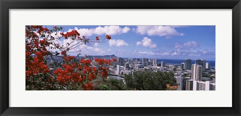 Framed Honolulu Skyline from a Distance (red flowers) Print