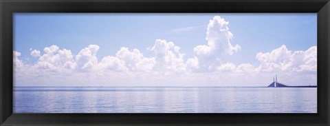 Framed Seascape with a suspension bridge in the background, Sunshine Skyway Bridge, Tampa Bay, Gulf of Mexico, Florida, USA Print