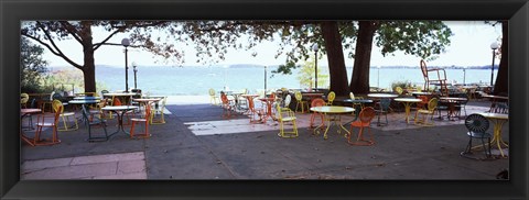 Framed Empty chairs with tables in a campus, University of Wisconsin, Madison, Dane County, Wisconsin, USA Print