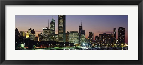 Framed Buildings lit up at dusk, Lake Michigan, Chicago, Cook County, Illinois, USA Print