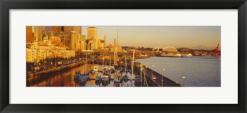 Framed Buildings at the waterfront, Elliott Bay, Bell Harbor Marina, Seattle, King County, Washington State, USA Print