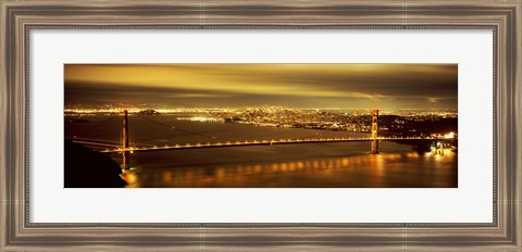 Framed Golden Gate Bridge and San Francisco Skyline Lit Up at Night Print